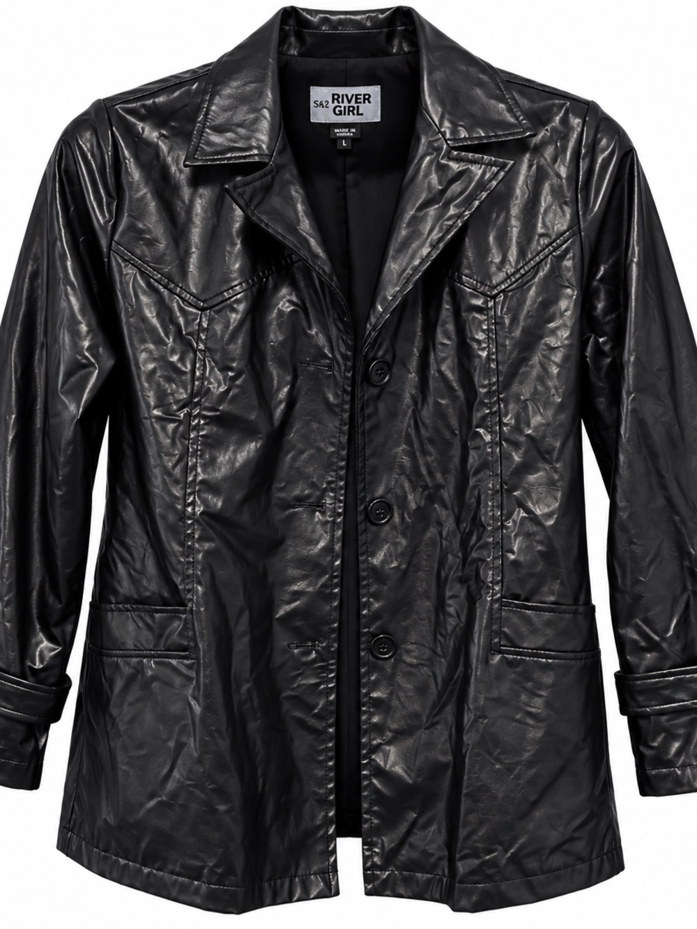 Rave Girl Vintage Y2K Black Shiny Polyurethane Faux Leather Blazer Jacket M